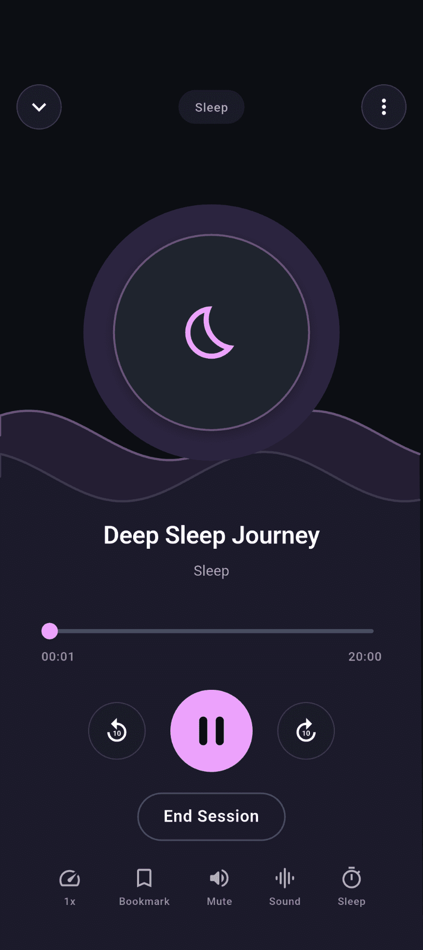 Stillnest Deep Sleep Journey player with playback, bookmark, sound and sleep controls