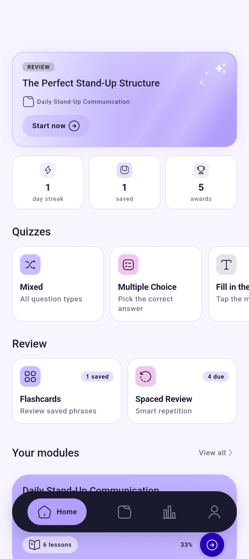 FluentPro Home with the next review, quiz formats, flashcards and spaced review
