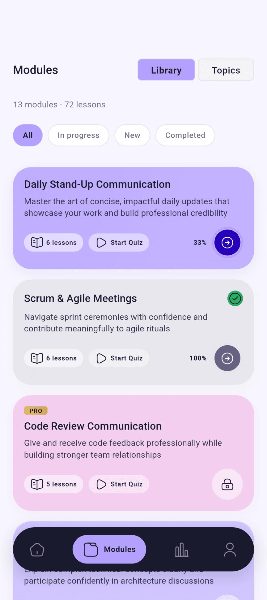 FluentPro Modules with Library and Topics, lesson counts and Start Quiz actions