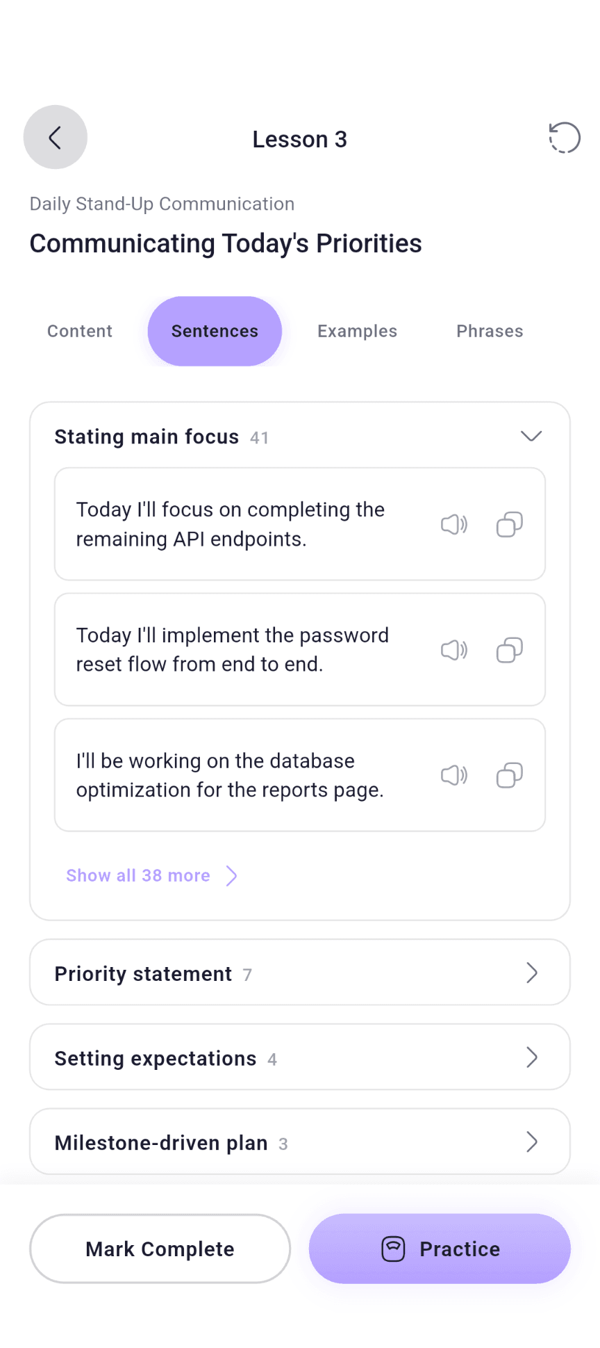 FluentPro lesson sentences for communicating priorities, with listening and practice controls