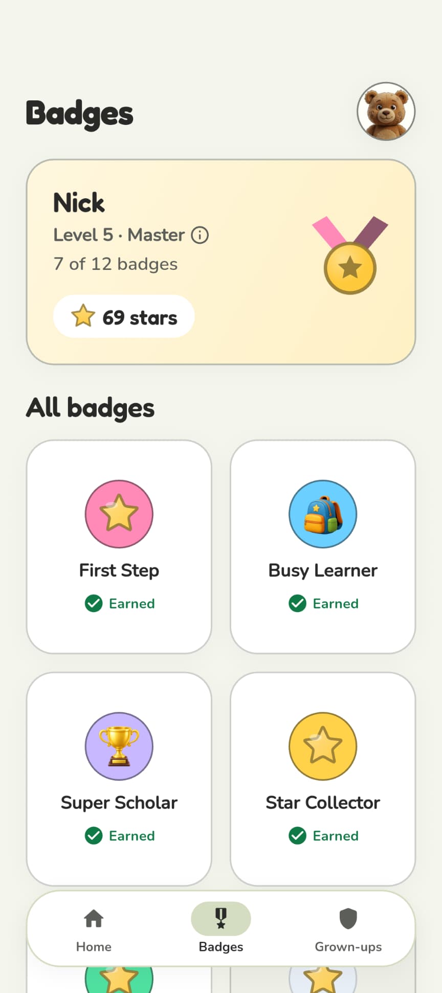 Kidomi Badges with earned stars and first-completion badges for the active child