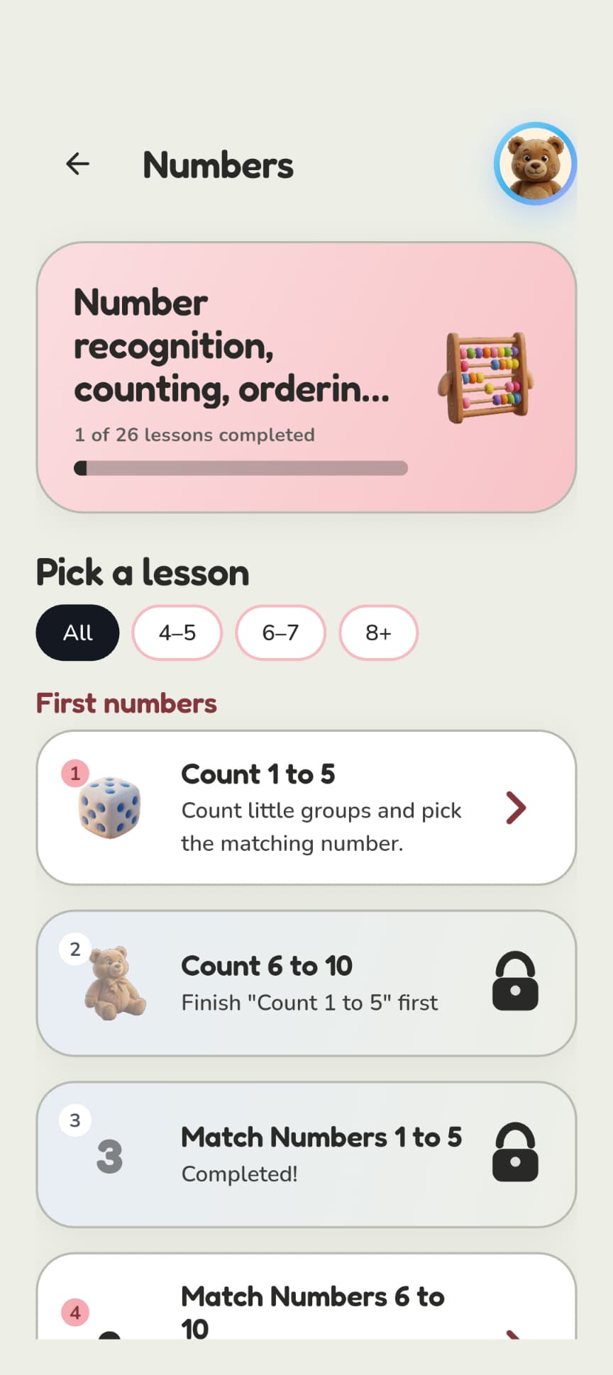 Kidomi Numbers game world with practice lessons and age filters