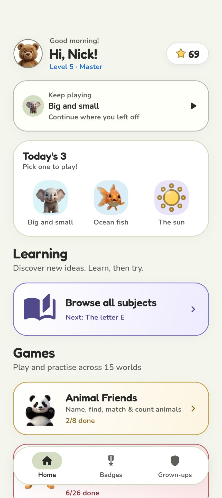 Kidomi Home with Today's 3, a Learning shortcut and Games worlds