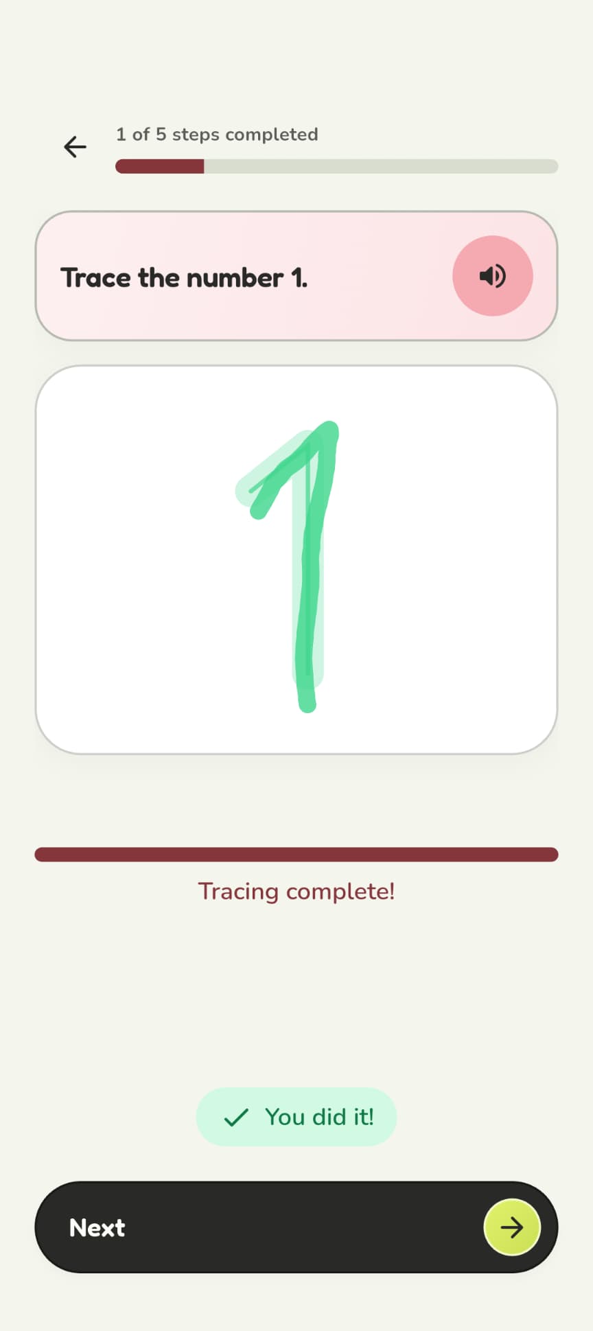 Kidomi lesson tracing the number 1, with audio, completion feedback and Next