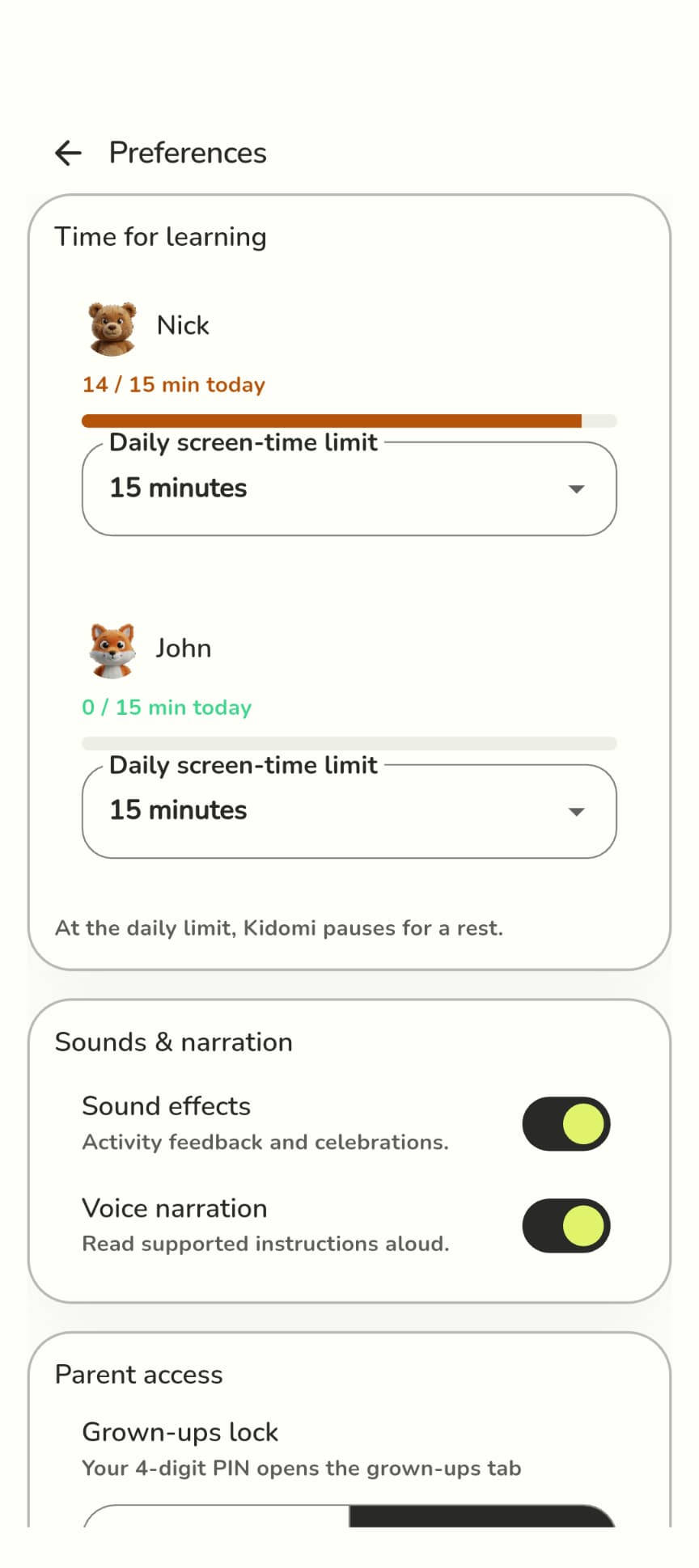 Kidomi preferences with each child's daily screen-time limit and sound and narration controls