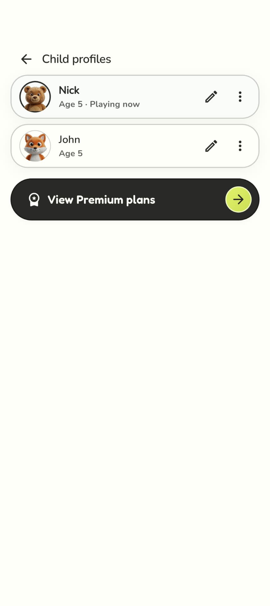 Kidomi child profiles with separate pictures, ages and edit controls