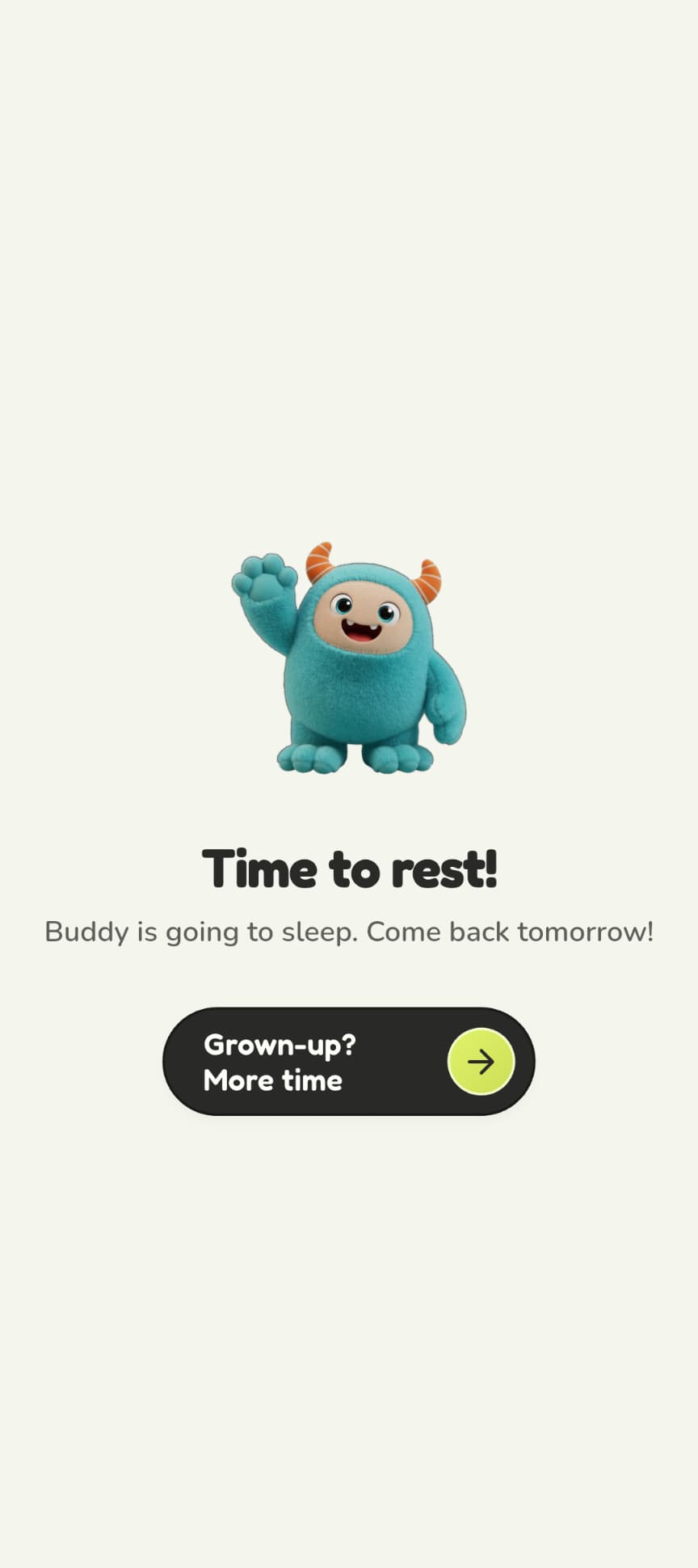 Kidomi rest mode with the companion waving and a grown-up action to add more time