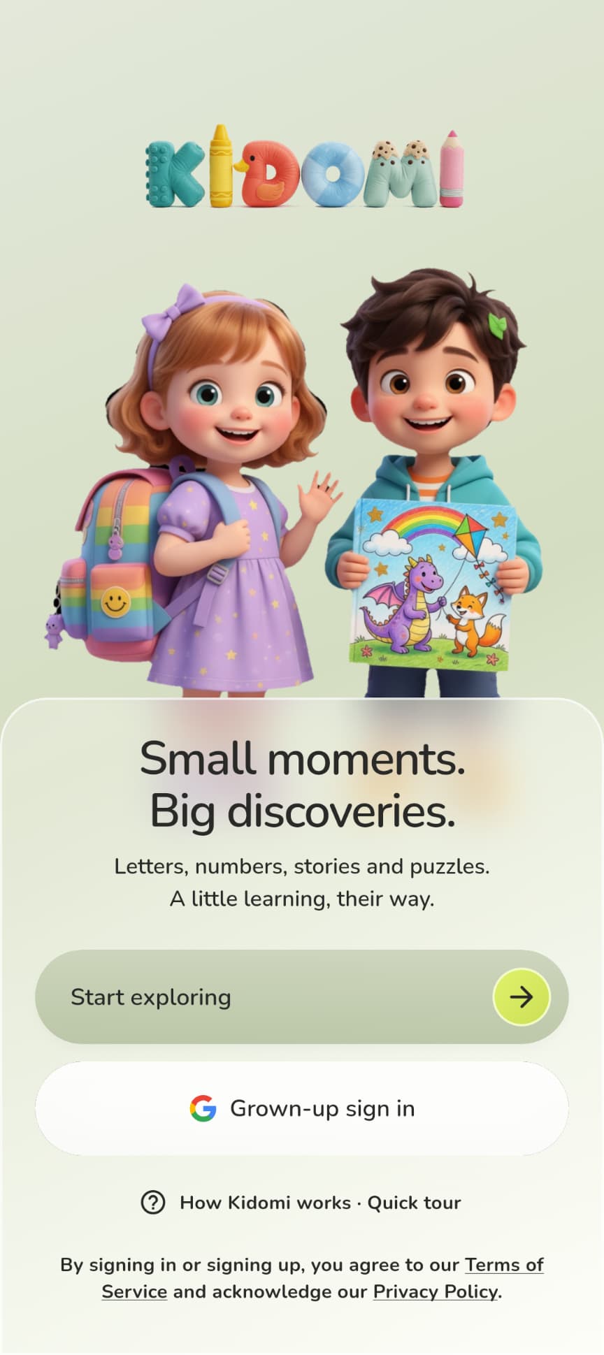 Kidomi welcome with the plush wordmark, two children, Start exploring, Grown-up sign in and the app guide
