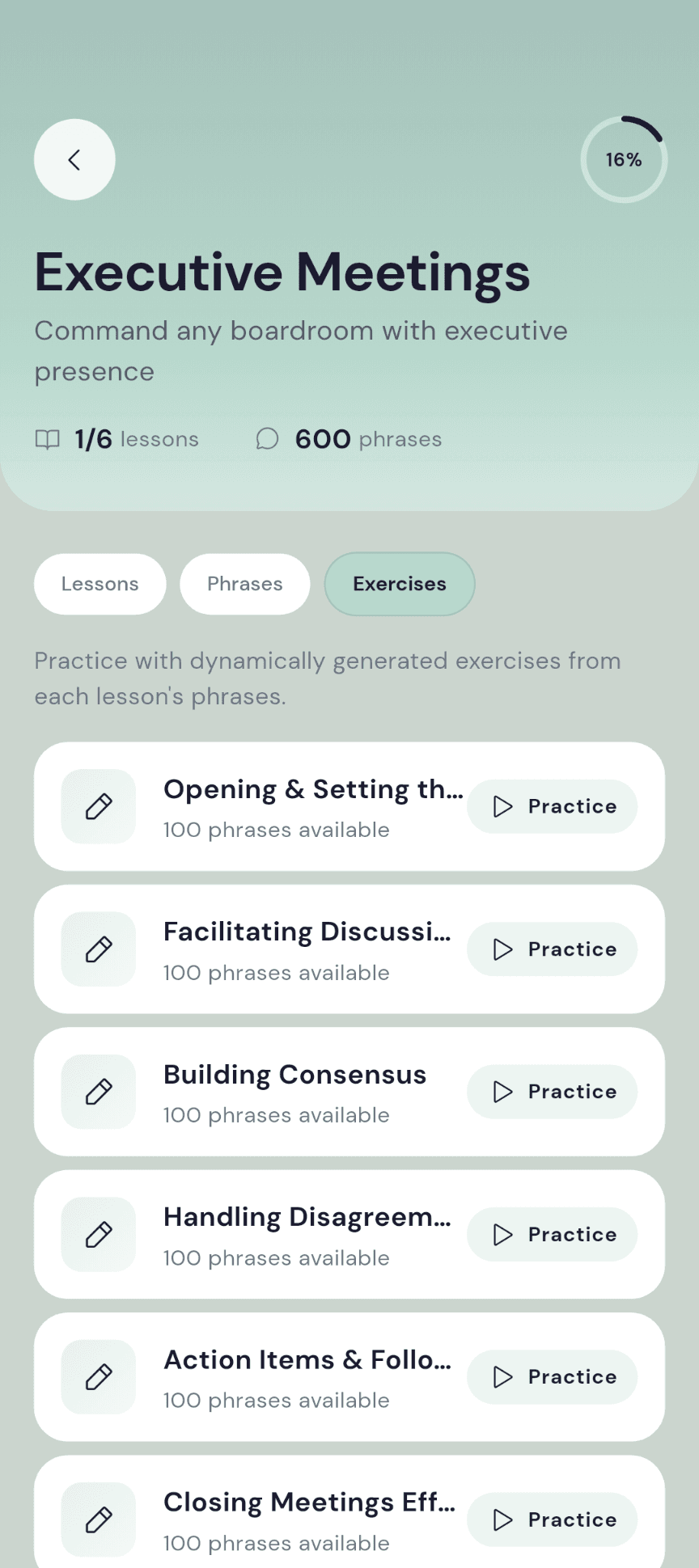 Exercises list view