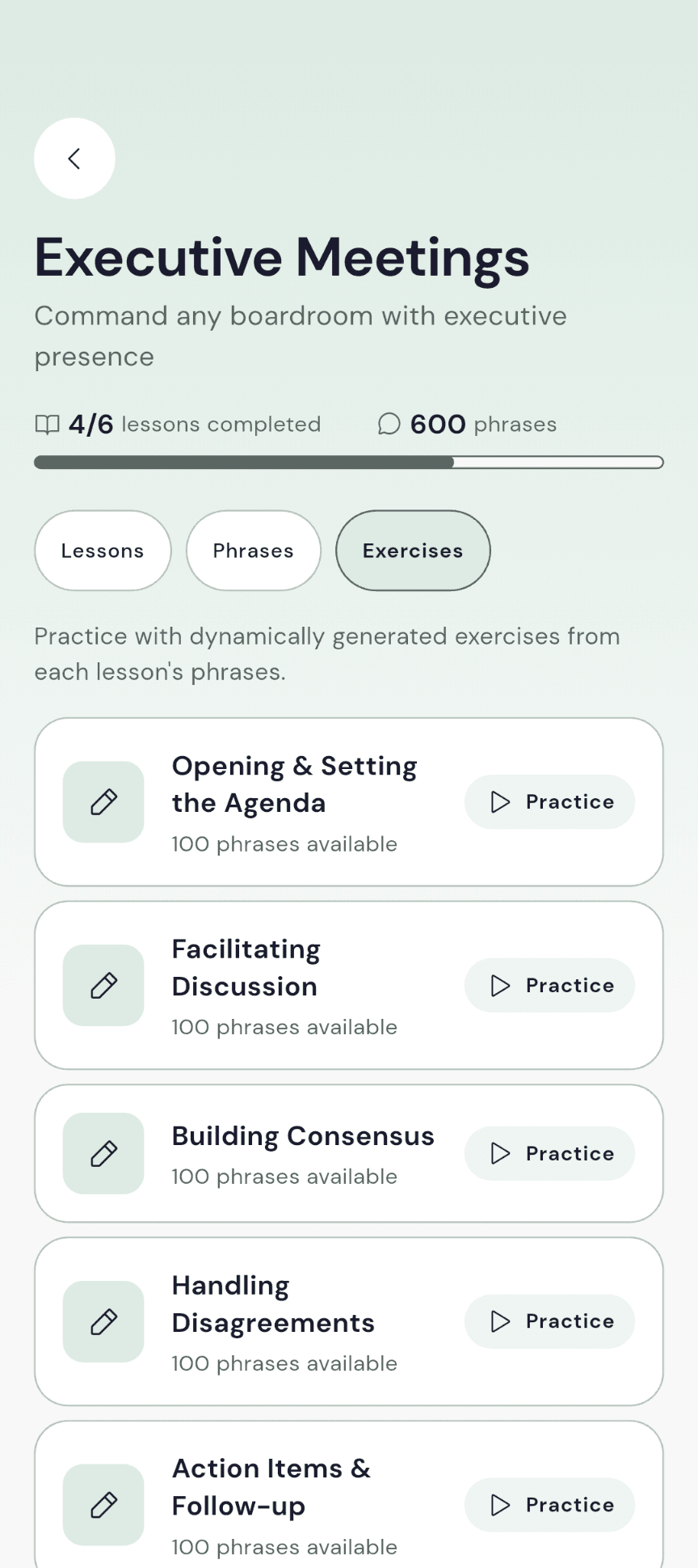 Verbloom Executive Meetings exercises with a separate Practice action for each lesson