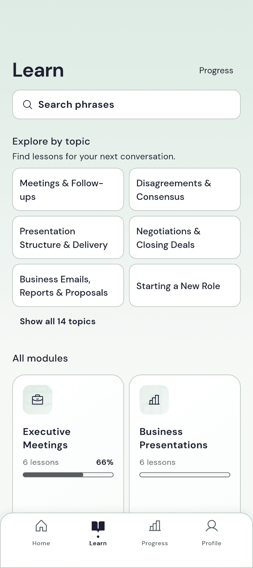 Verbloom Learn with phrase search, topic shortcuts and the module library
