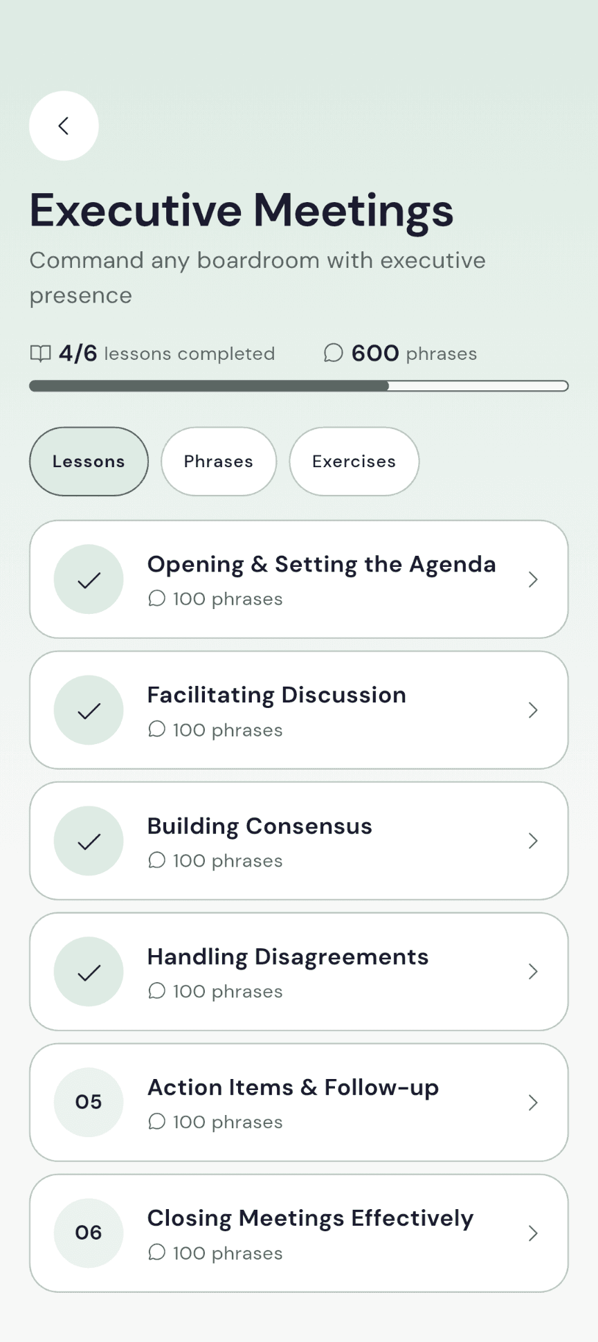 Verbloom Executive Meetings module with lesson completion and Lessons, Phrases and Exercises tabs