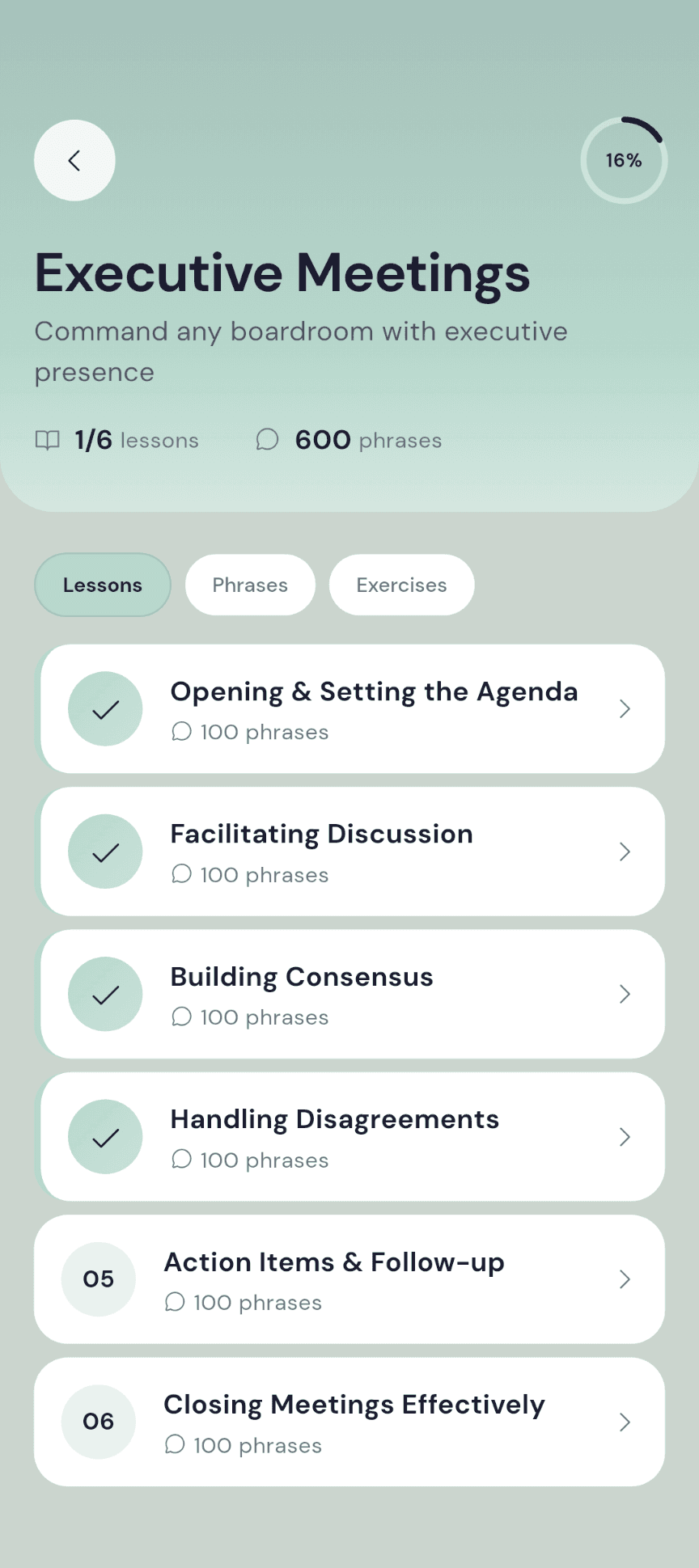 The Executive Meetings module: six lessons listed in order with completed ones ticked, and Lessons, Phrases, and Exercises tabs