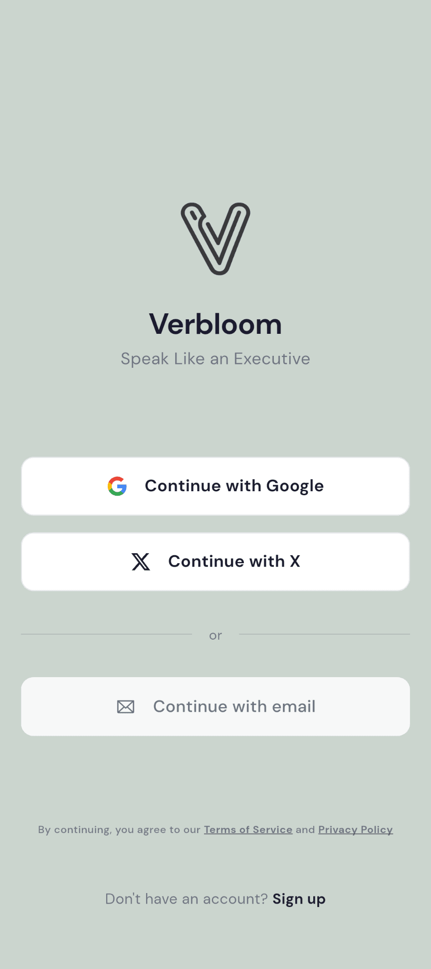 Verbloom sign-in screen with Continue with Google, Continue with X, and Continue with email buttons