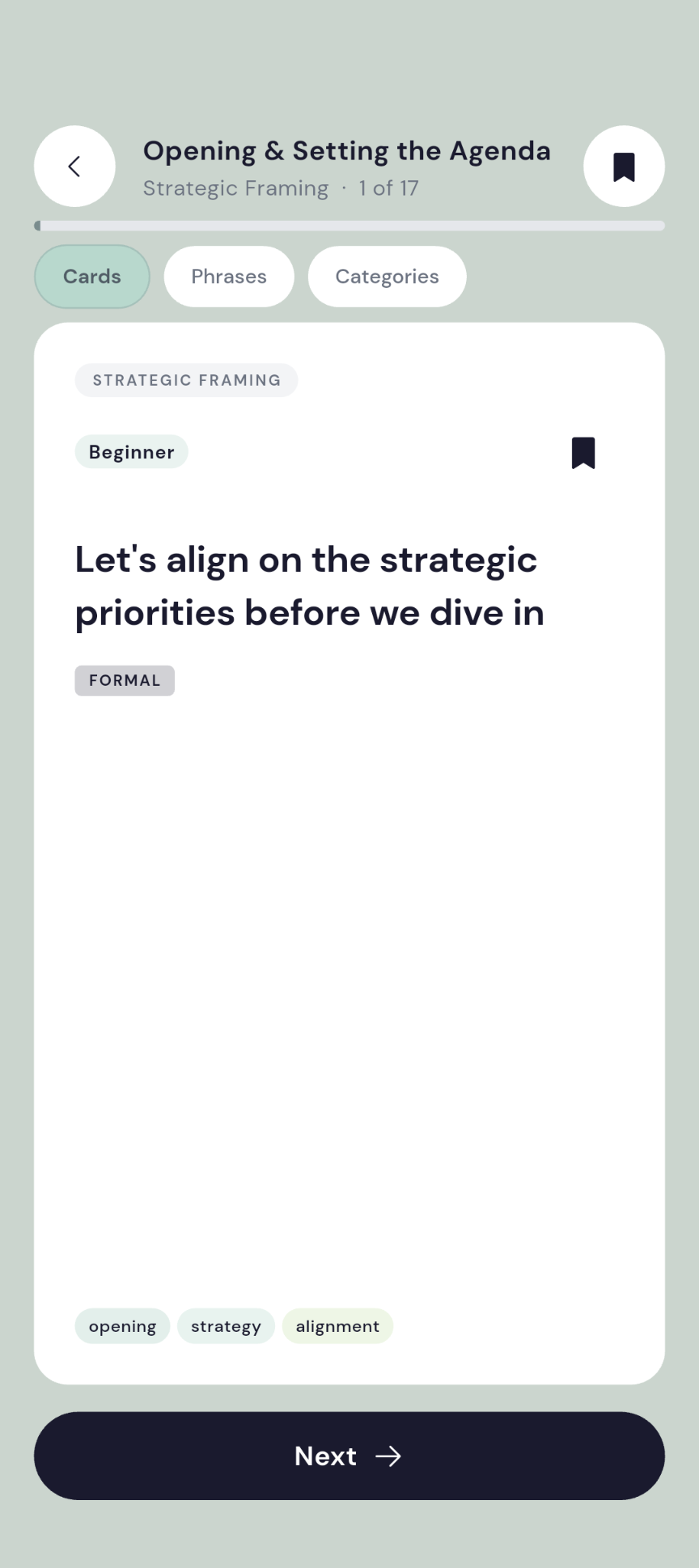 Phrase card with spaced repetition